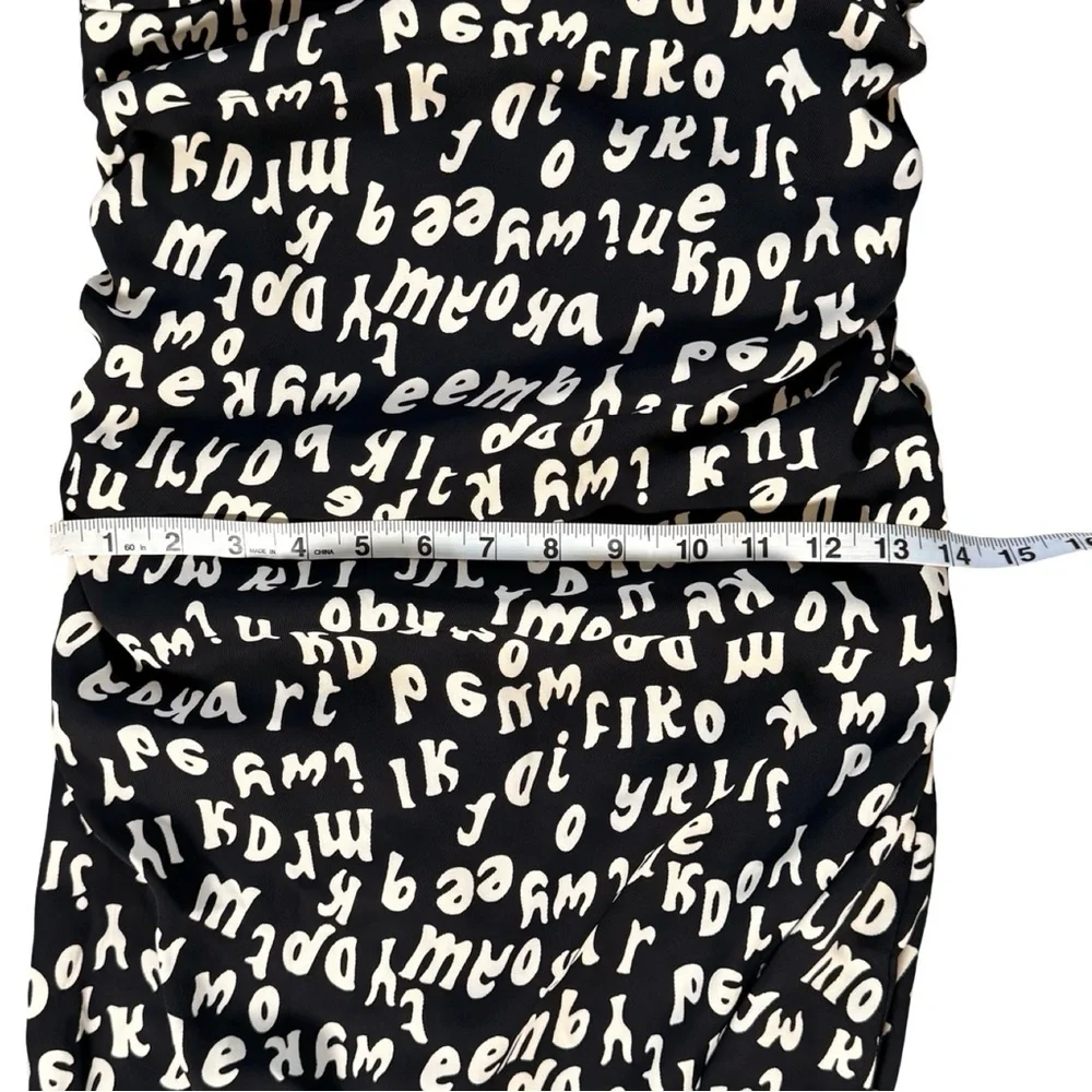 Mango‎ Typographic Print Maxi Dress Womens 4 Black Cream NWT Long Sleeve Ruched